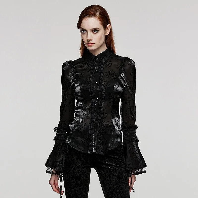 stylish ruffle blouse for women -Women's Gothic Puff Sleeved Rose Flocking Shirt