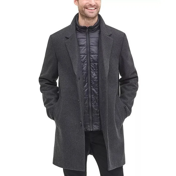 winter-ready women's parka -DKNY Men's Top Coat With Removable Quilted Bib Grey Size Medium