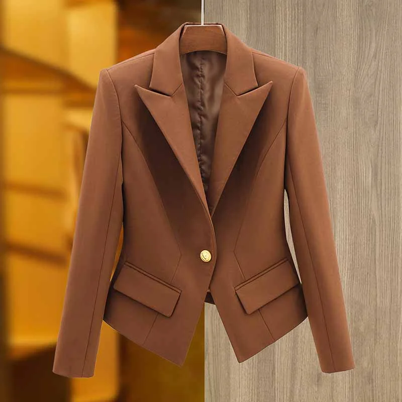 ladies' longline puffer coat -Women's single-button blazer slim fit with Pocket in Camel Color