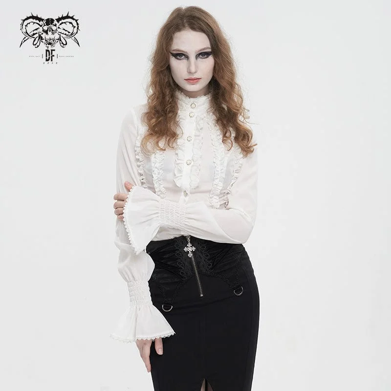 stylish cutout shoulder top for women -Women's Gothic Stand Collar Ruffled Shirt White