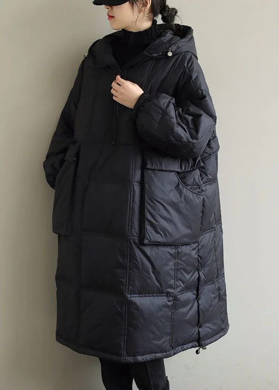 breathable softshell jacket for women -Plus Size Black Hooded Fine Cotton Filled Winter Coat