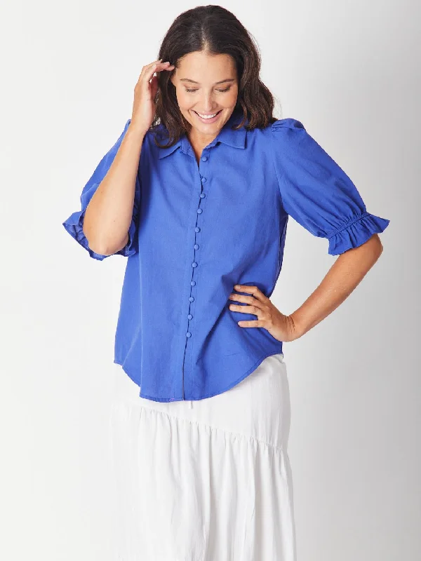 elegant long tunic top for women -Mid Sleeve Button Shirt - Royal