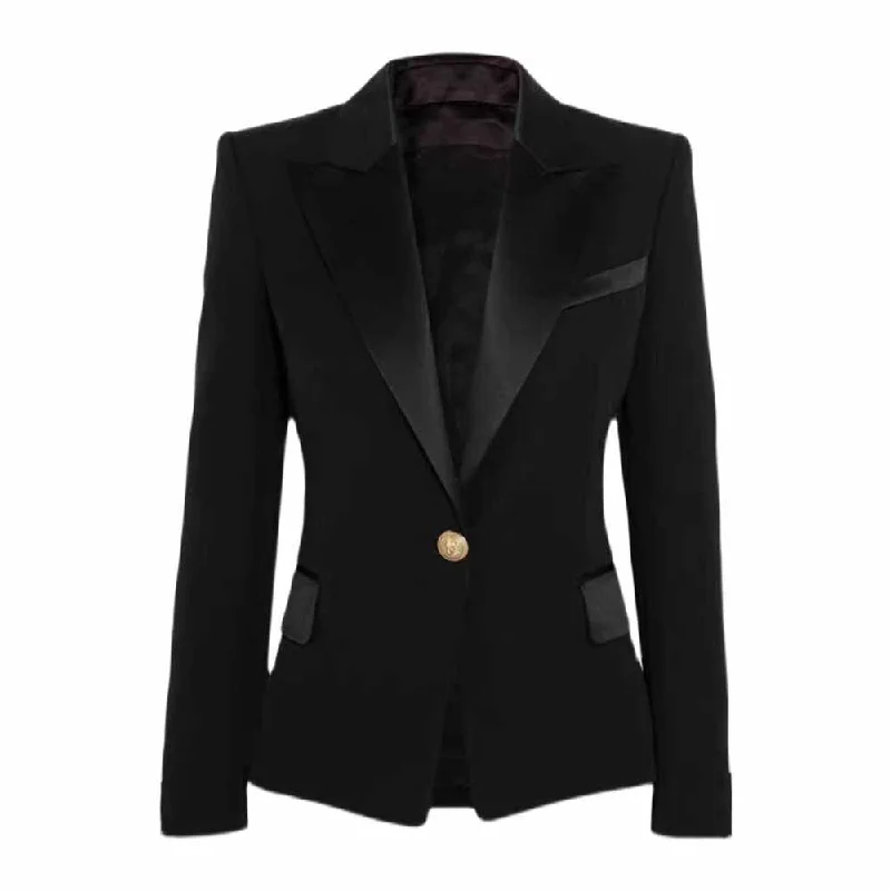 oversized women's coat -Women's Luxury Satin Collar Blazer Golden Lion Buttons Black