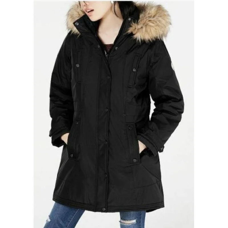 zip-up casual anorak jacket for women -Madden Girl Junior's Hooded Faux Fur Trim Parka Black Size X-Small - XS