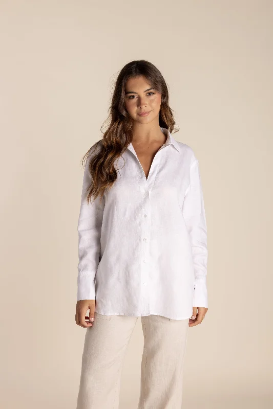 ladies' draped wrap top -Linen Shirt - White