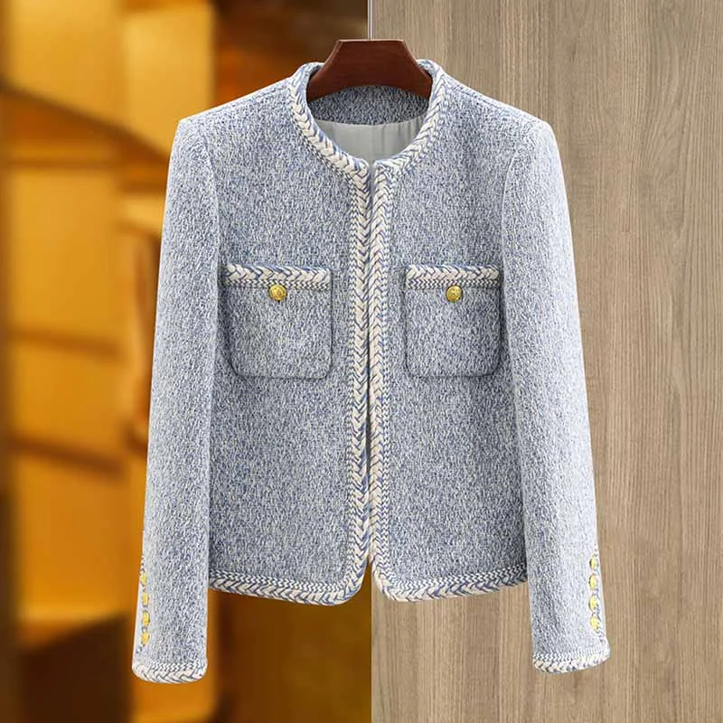 women's bohemian style kimono jacket -Luxury tweed autumn winter coat blue tweed woolen cloth jacket