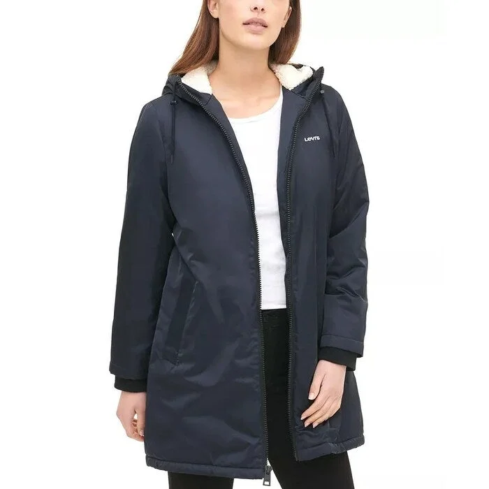 ladies' fleece zip-up jacket -Levi's Women's Long Coaches Jacket With Soft Sherpa Lining Navy Size Medium