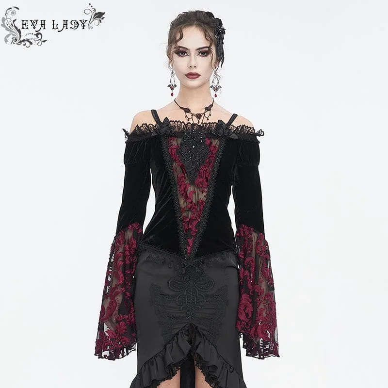 women's sophisticated lace tunic -Women's Gothic Off Shoulder Lace Splice Velvet Shirt Red