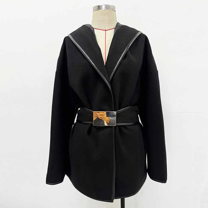 lightweight quilted jacket for women -Women's Black Belted Woolen Coat