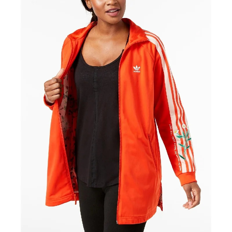 casual zip-up hoodie jacket for women -Adidas Originals Women's Embroidered Long-Line Track Jacket Dark Orange Size Extra Large - XL