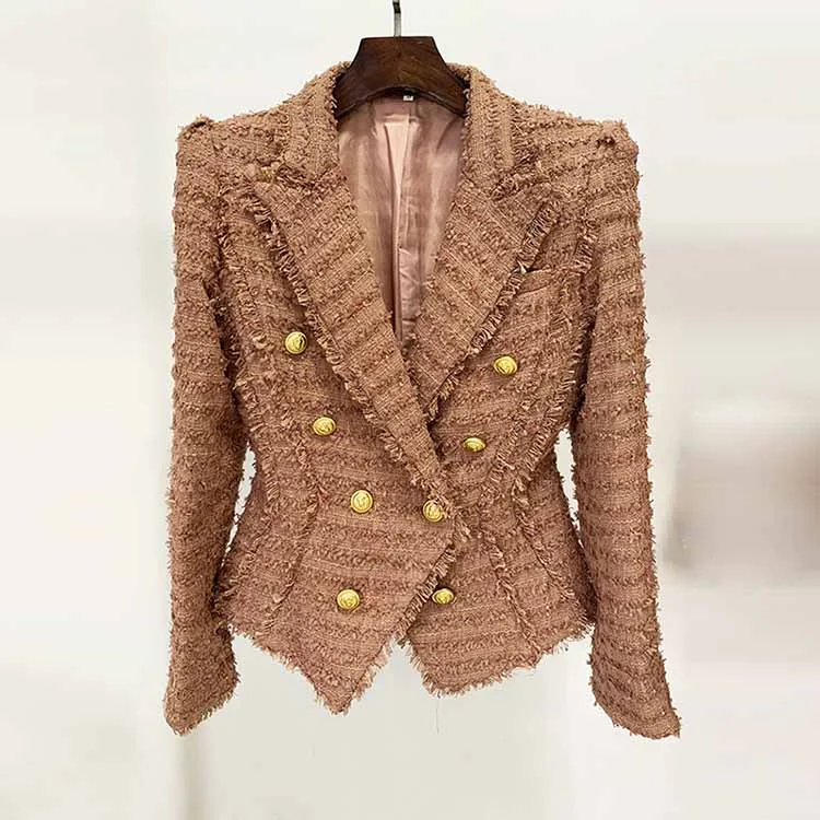 cozy teddy coat for ladies -Women Camel Tweed Golden Buttons Fitted Blazer + Mid- Waist Shorts Suit / Wedding Suit, Birthday Party Set