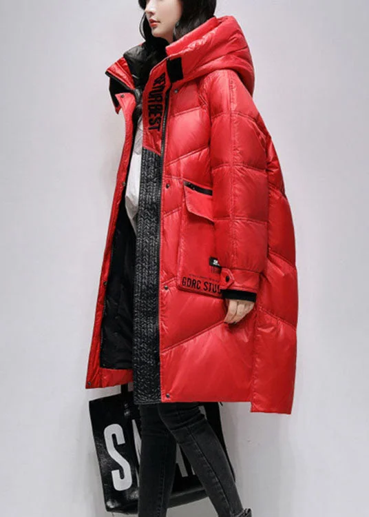 women's cropped bomber jacket -Boho Red Loose fashion Pockets Winter Duck Down Coat