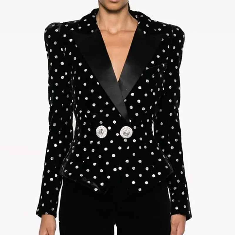 lightweight quilted jacket for women -Women's black blazer Lion button slim fit polka dot velvet jacket