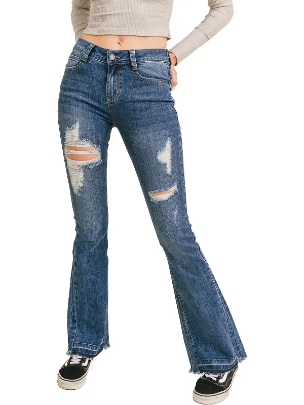 loose cargo-style jeans for ladies -Womens Denim Distressed Flare Jeans