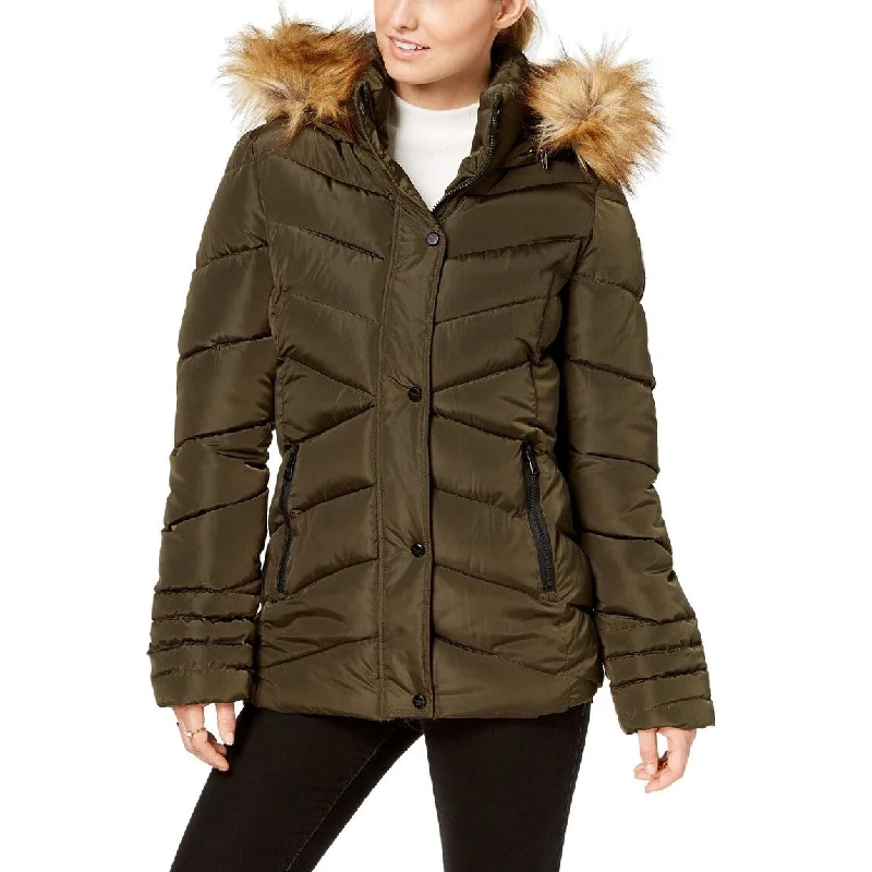 ladies' lightweight anorak coat -Madden Girl Juniors' Hooded Faux-Fur-Trim Puffer Coat Green Size X-Large - XL