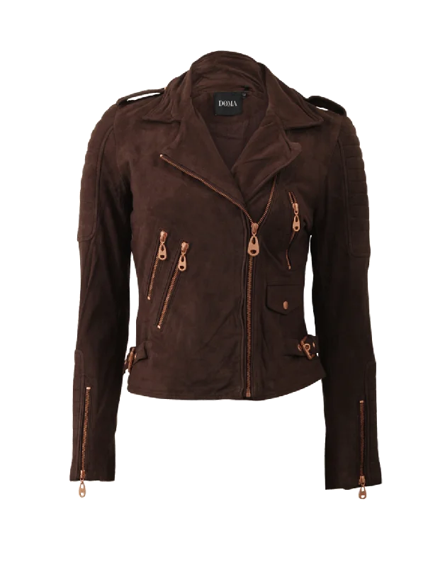 women's winter coat -Brown Suede Biker Jacket