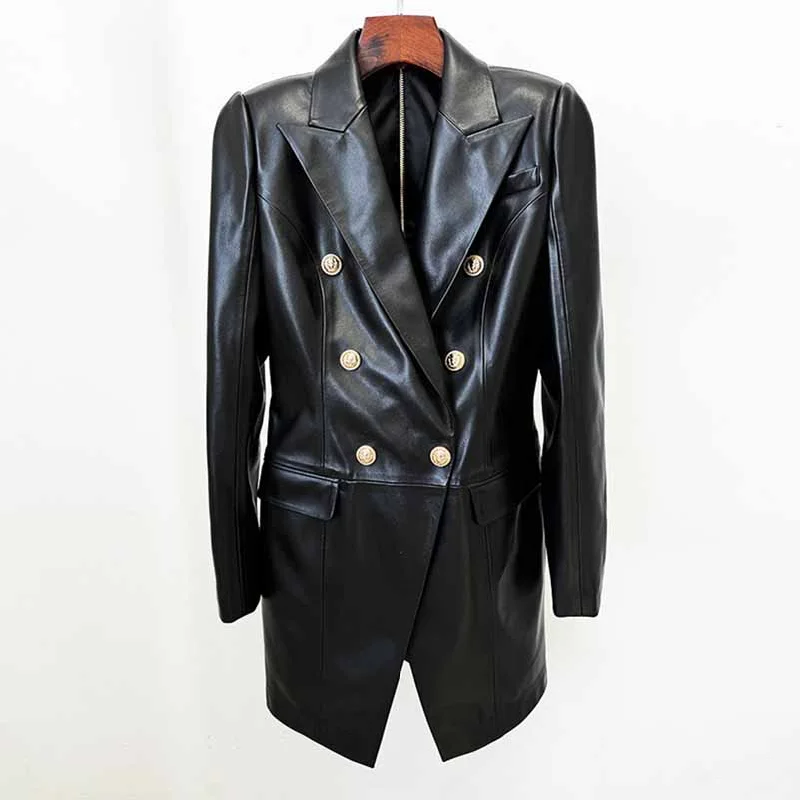 women's stylish blazer -Women's Faux Leather Blazer Minidress Black Double Breasted Blazer Dress