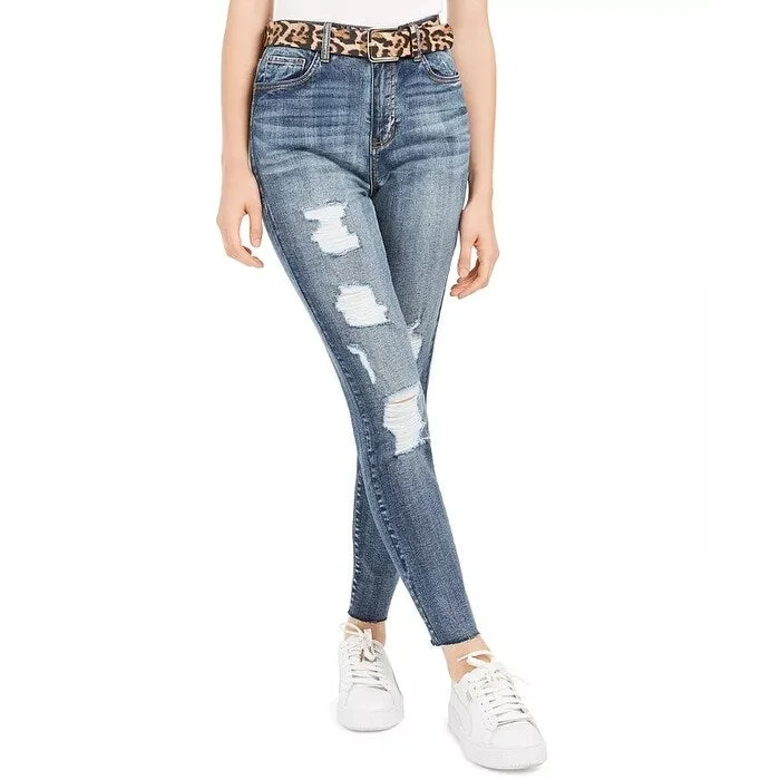 women's double-layer denim jeans -Dollhouse Junior's Ripped Skinny Jeans With Belt Navy Size 11