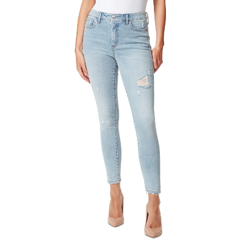 chic ruched waistband jeans for ladies -Adored Womens Distressed High Rise Ankle Jeans