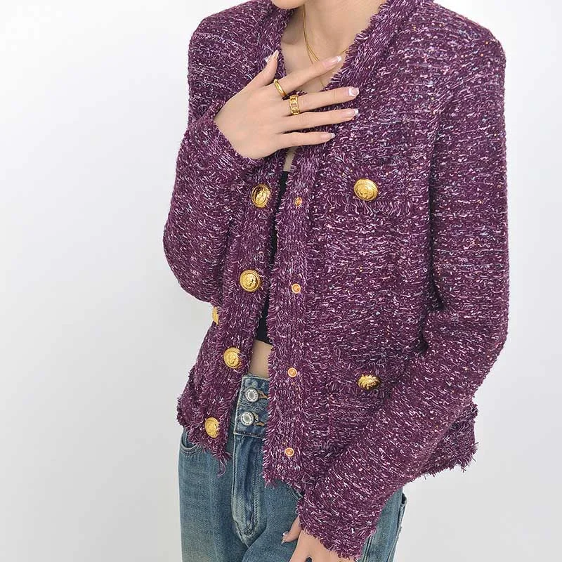 women's lightweight cargo jacket -Ladies Tweed Short Jacket Casual Coat