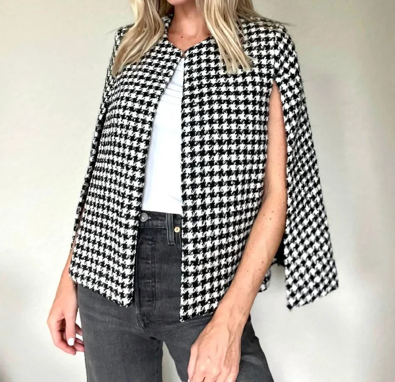 women's winter coat -Miranda Houndstooth Cape Blazer In Black & White