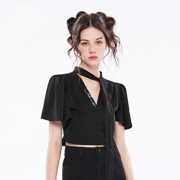 trendy puff sleeve crop top for ladies -Women's Punk V-neck Puff Sleeved Chiffon Top With Tie