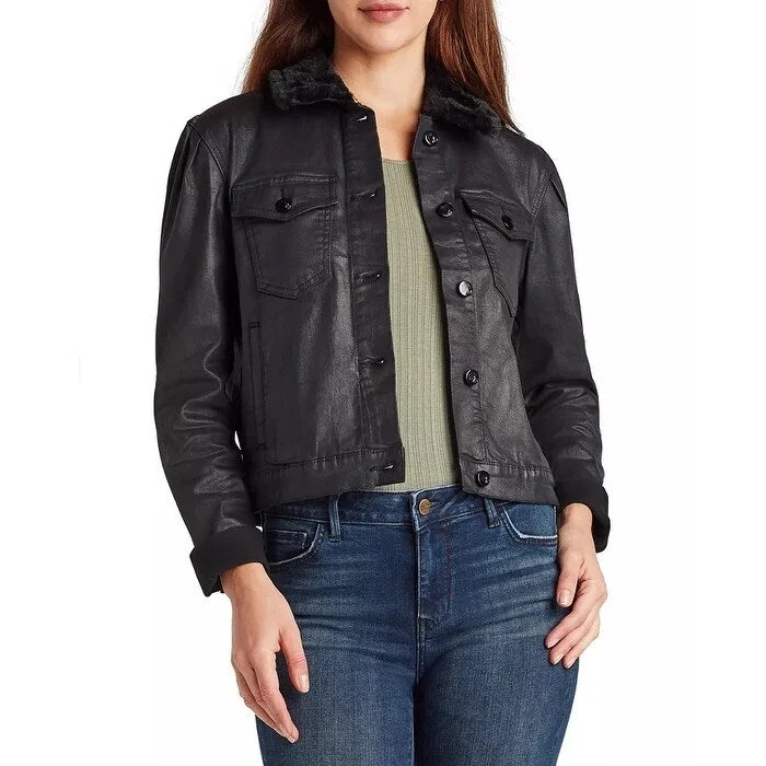 women's varsity bomber jacket -Sam Edelman Denim Women's The Jazzi Faux-Fur-Collar Coated Jacket Charcoal Size Small