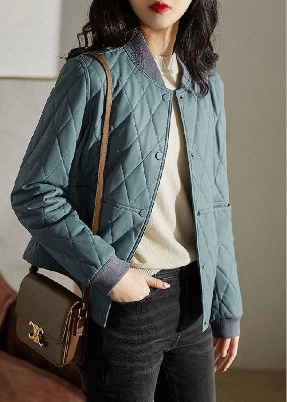 fashionable belted wool coat for women -Blue Stand Collar Plaid Pockets Parka Long Sleeve