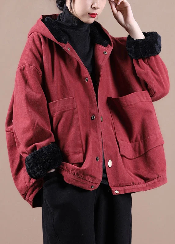 women's thermal long coat -Art Red Hooded Pockets Warm Fleece Coat Winter