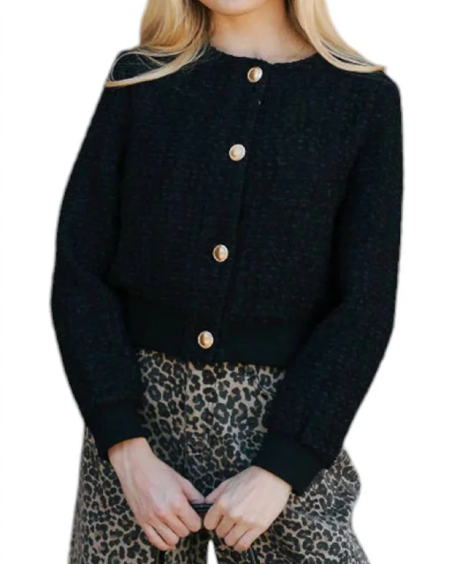 women's stylish blazer -Tweed Bomber Jacket In Black