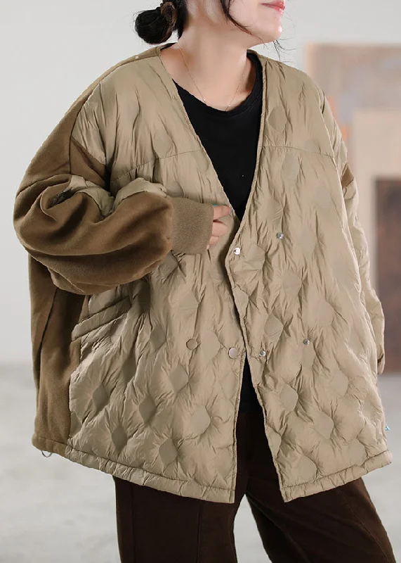 women's faux fur-lined parka -Simple Khaki V Neck Patchwork Duck Down down coat Winter