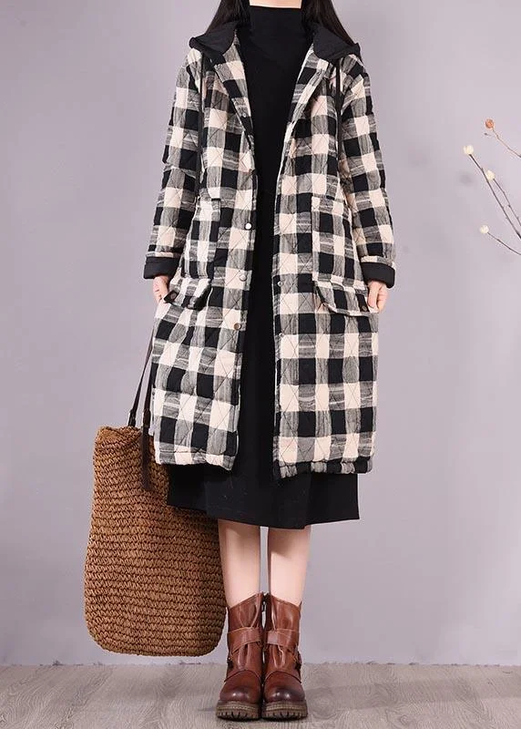 ladies' designer overcoat -Elegant Black Plaid Parkas For Women Trendy Plus Size Coats Hooded Pockets Outwear