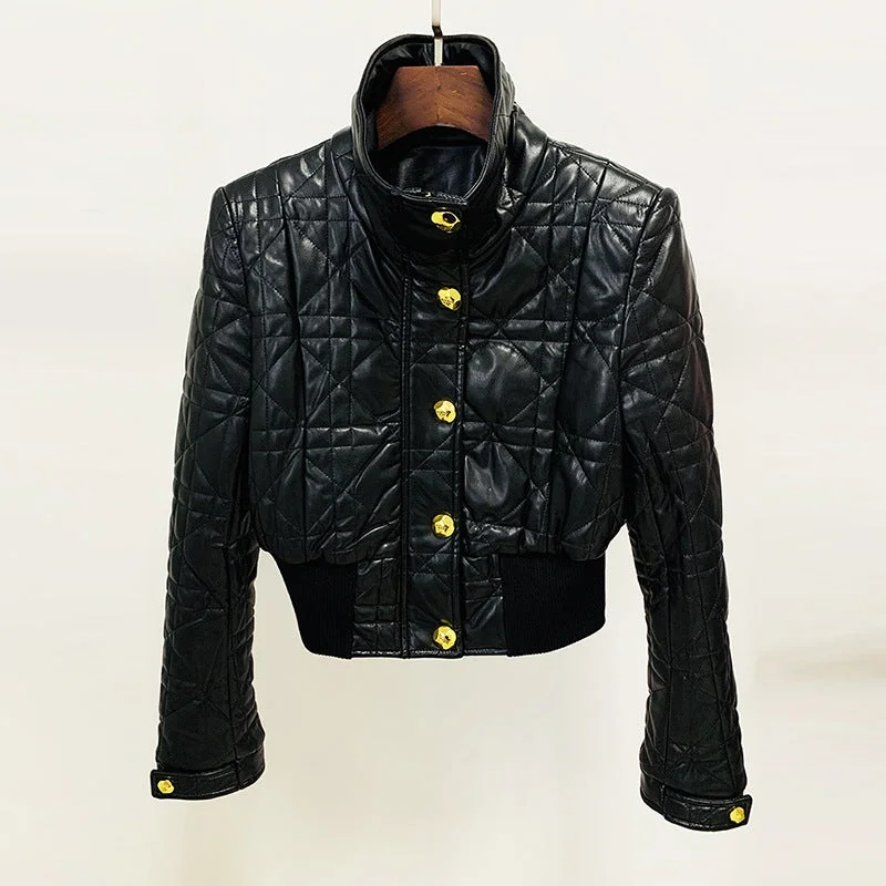 women's lightweight jacket -Women's Luxury Faux Leather Quilted Short Crop Bomber Jacket Coat Black