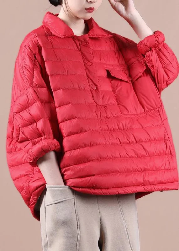 ladies' fleece zip-up jacket -Elegant plus size down jacket overcoat red lapel pockets goose Down coat