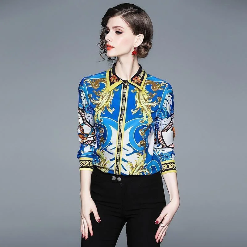 cute button-front blouse for women -Vintage Poplin Floral Shirt