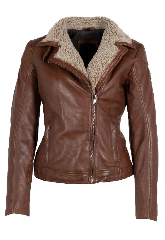 women's teddy bear coat -Women Jenja Lamb Leather Jacket With Teddy Fur Trim In Dark Cognac