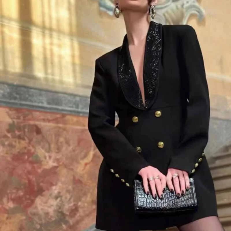 casual zip-up hoodie jacket for women -Women's Black Sequin Embellished Backless Blazer Minidress