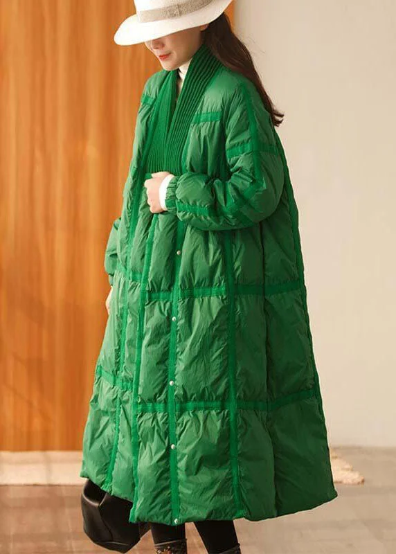 stylish knitted jacket for women -Stylish Green V Neck Knit Patchwork Duck Down Down Coats Winter