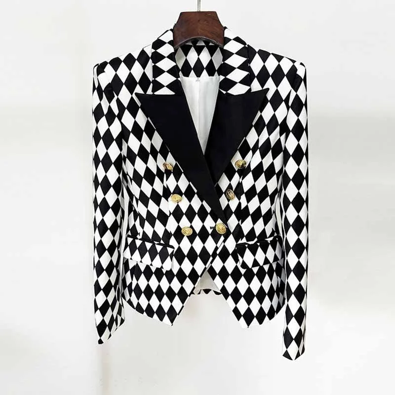 ladies' puffer jacket -Womne's Black White Jacket Checkered Double Breasted Blazer