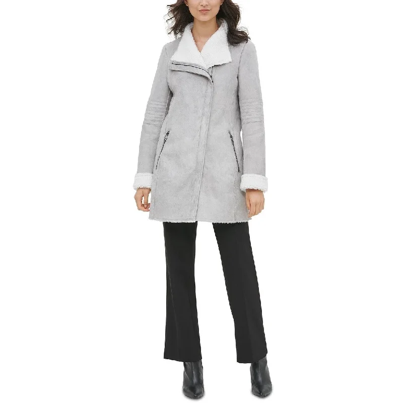 women's teddy bear coat -Calvin Klein Women's Faux-Shearling Coat Silver Size X-Small - XS