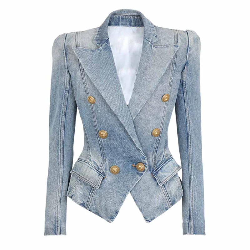 women's sherpa-lined jacket -Women's Golden Lion Buttons Fitted Denim Blazer Jacket Blue