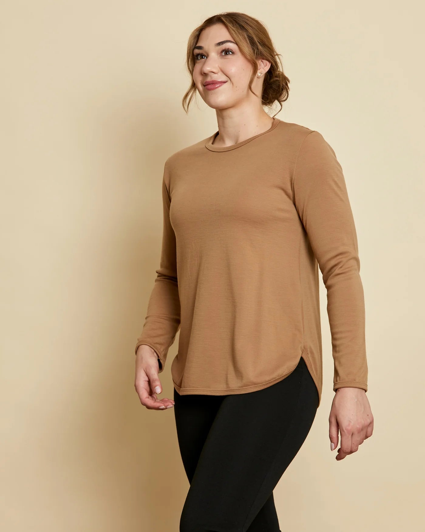 stylish halter neck top for ladies -Relaxed Fit Crew Neck Pullover - Camel