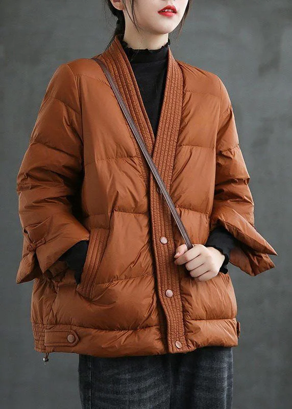 women's double-breasted coat -Caramel V Neck Button Thick Winter Duck Down Jackets