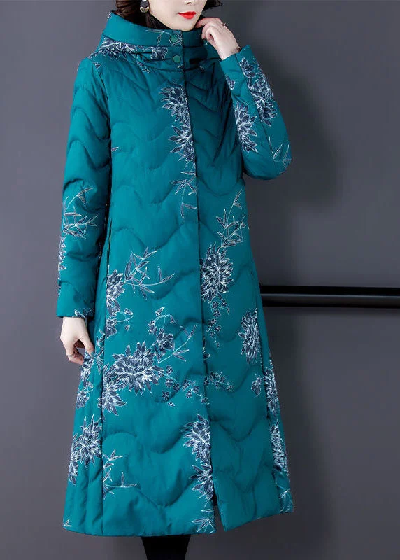 women's reversible coat -Fitted Blue Hooded Print Fine Cotton Filled Puffers Coats Winter