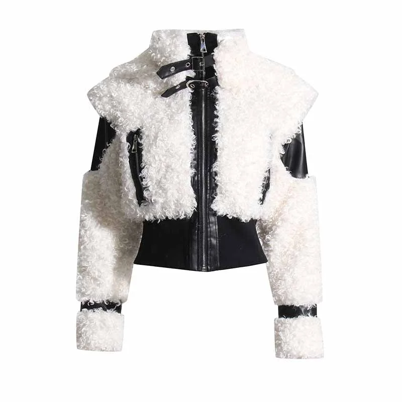 women's faux fur coat -Women's Winter Coat Spliced PU Leather and Lambwoolen Outwaer Coat