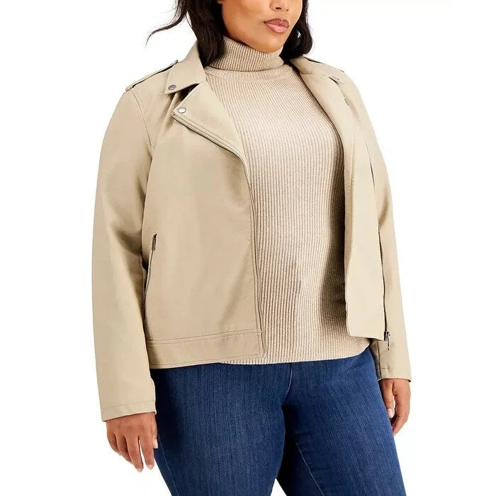 structured blazer jacket for women -Style & Co Women's Plus Size Faux Leather Moto Jacket Beige Size 1X