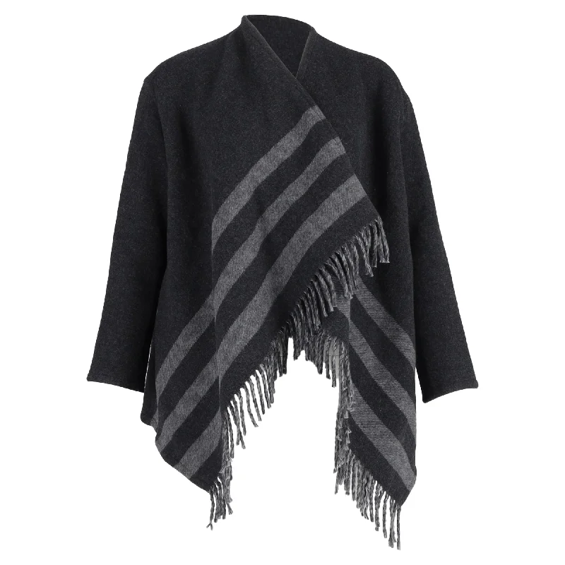 fashionable metallic puffer jacket for women -Maje Gilla Jacquard Fringe Cardigan in Grey Wool