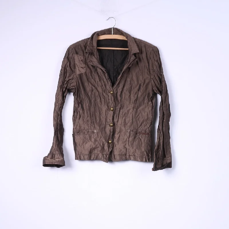 ladies' puffer jacket -Qubha Womens L 14 Lightweight Blazer Brown Gold Buttons Single Breasted Top Italy