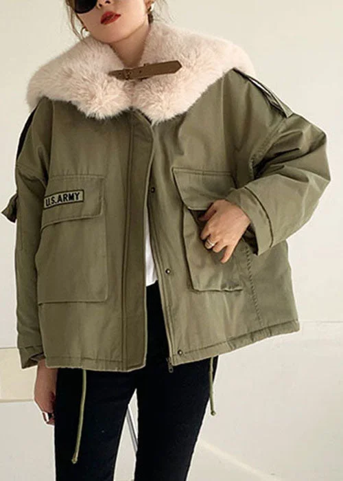 women's elegant cape coat -Green Fox collar Pockets Fine Cotton Filled Winter Coat