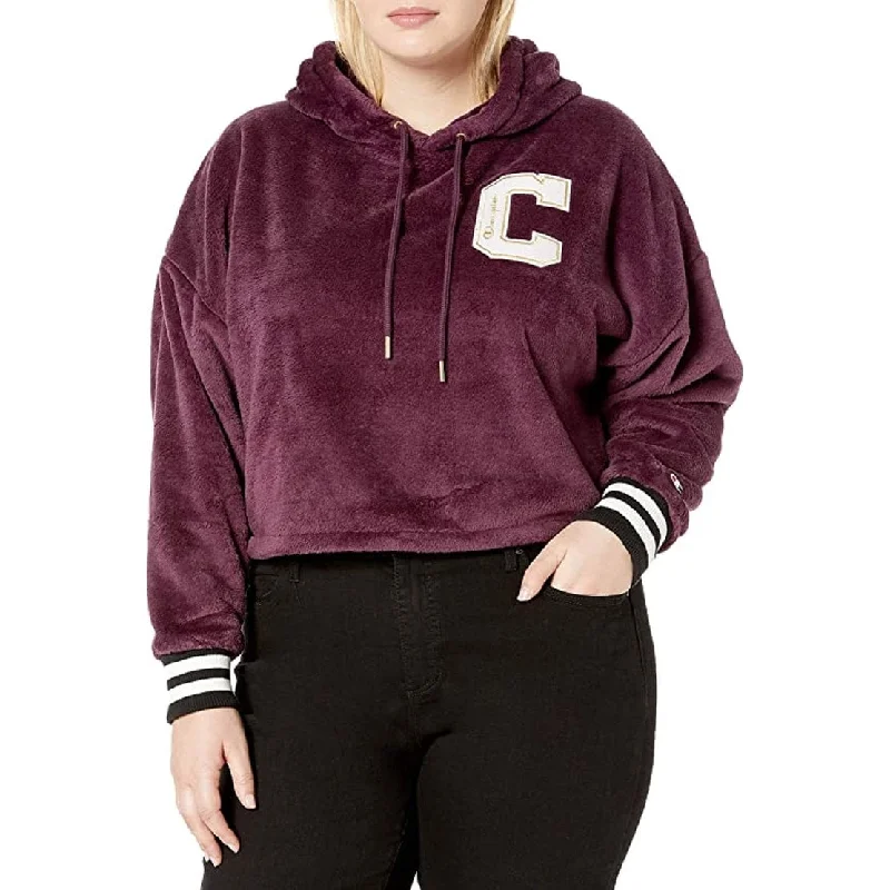 women's cropped bomber jacket -Champion Women's Super Fleece Faux Cropped Cut Off Po Hood Purple Size X-Large